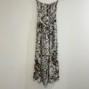 Blue Island Light Brown/White Tropical Floral Print Strapless Cropped Jumpsuit